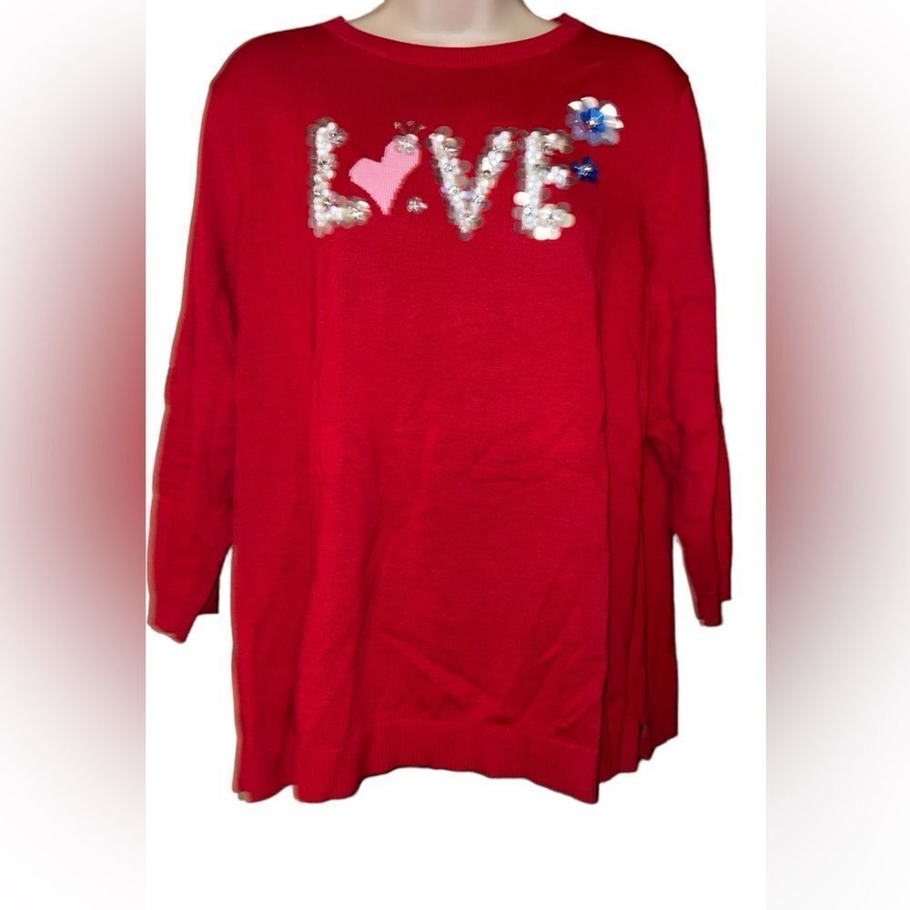 Womens TALBOTS Red Beaded Sweater Love Holiday Christmas Newyear